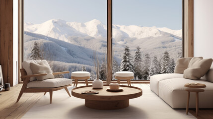 Modern Scandinavian minimalist living room design set against a panoramic floor-to-ceiling window showcasing a winter mountain view
