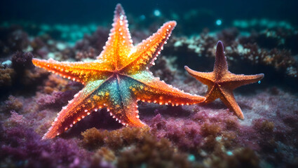 Two starfishes on a coral reef.