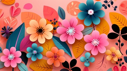 flowery abstract art in vector format. Flat flowers, petals, leaves, and doodle components arranged in a collage. a colorful paper plant cutout background with a botanical theme