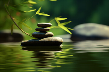 Fototapeta na wymiar States of mind, meditation, feng shui, relaxation, nature, zen concept. Bamboo, rocks and water background with copy space. Nature illuminated with sunlight. Generative AI