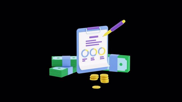 3d animation of money and clipboard. ALPHA channel, Financial diagram and charts. Stack of coins, dollar bills. Bank service, accounting, budget and business. Investment, trading, money concept