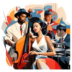 Obraz premium A woman in a white dress and a man in a suit playing a musical instrument. Imaginary illustration.