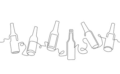 Bottles with differrent drinks isolated on white backgroud. Continuous line drawing art. Vector pattern that repeats horizontally. Can be yoused as a wall poster, print, sticker, element of banner.