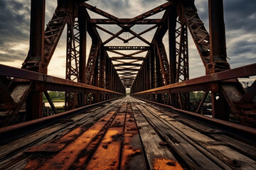 Beam Bridge. old rusty aged railroad bridge over a river.
