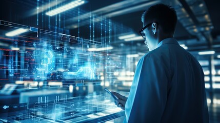 Obraz premium artificial intelligence technology, a person working on big screen, internet, big data, machine, generative ai