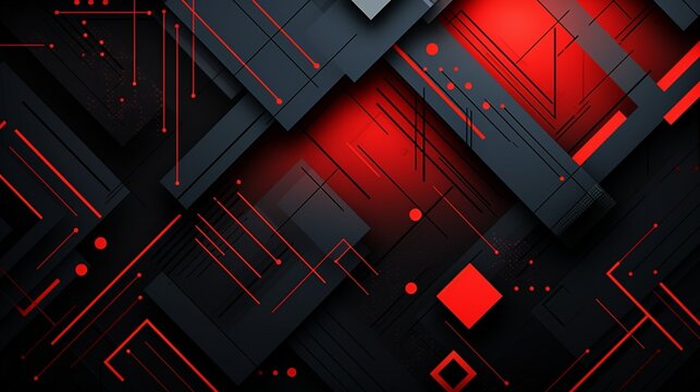 Geometric Background With A Minimum. Combination Of Dynamic Black Forms And Red Lines.