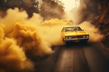 Fototapeta na wymiar Modern speed car on the fog road