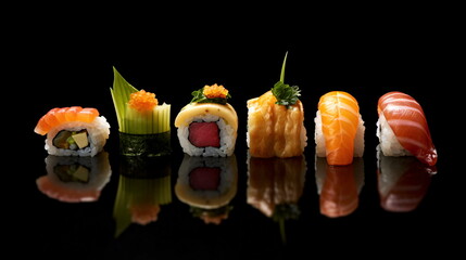 Luxurious set design with sushi, isolated on black background