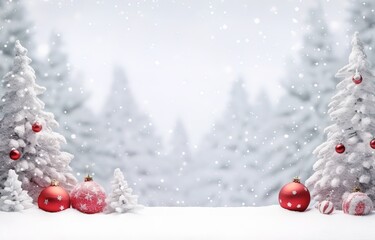 Naklejka na ściany i meble Red Christmas ball on snow, Christmas Tree With Baubles And Blurred Shiny Lights