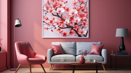 A living room with a couch and a painting on the wall. Imaginary photorealistic image. Beautiful sakura.