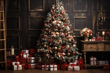 Fototapeta na wymiar Christmas tree with gifts and decorations, Glowing fireplace, hearth, tree. Red stockings