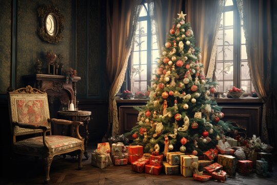 Christmas tree with gifts and decorations, Glowing fireplace, hearth, tree. Red stockings