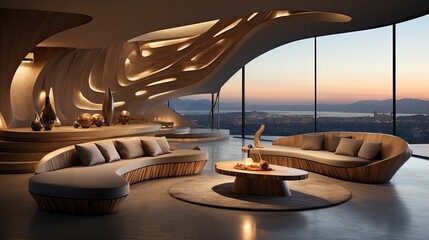 Fototapeta premium pent house, concrete ad wooden at the wall, curves, indirect light