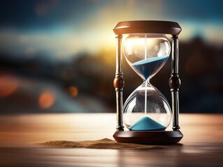 Sand running through the bulbs of an Hourglass on the shore of lake with blurred landscape in the background, concept of patience and the importance of waiting for the right moment