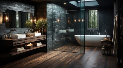 Fototapeta na wymiar A design bathroom, with a wood floor, black wall, italian shower.