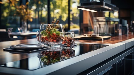 Modern minimalist kitchen , close up shot, beige cabinets floor to ceiling, combined with walnut wood open cabinets with led lights, floating ceiling.