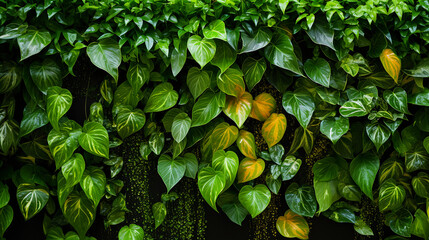 vertical garden living wall, lush green foliage, various species, humid, moisture droplets on leaves, high dynamic range