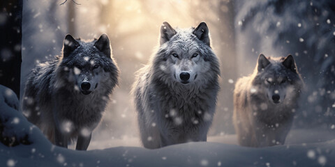 pack of wolves with voluminous hairstyles, moving through a snow - covered forest, leader in focus