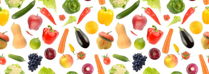 Seamless pattern of vegetables, fruits and berries isolated on white