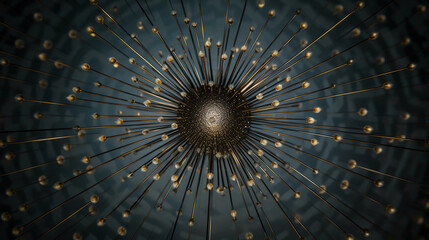 needles as fine art, array of needles positioned like a mandala, focus on reflections and fine points, elegant and mysterious