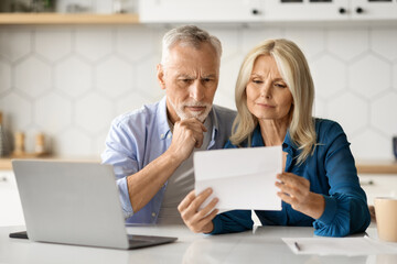Senior Couple Checking Financial Documents While Sitting In Kitchen At Home