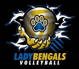 lady bengals volleyball design with claw holding ball and ripping through background for school, college or league sports

