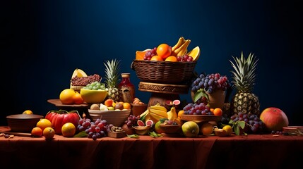 Fruits on a wooden table with a blue background. Panorama