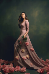Beautiful girl with long hair posing with rose flowers. Dreamlike style. Fashion and beauty concept