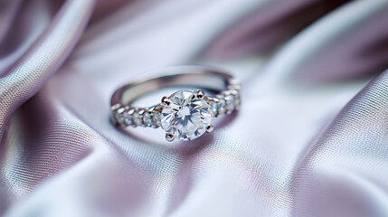A jeweled ring with a stunning diamond in the center. Wedding jewelry on a white cloth with soft focus light. A jewel that captures attention with its elegance and radiant shine.