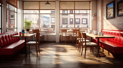Panoramic view of a cafe with red sofas and tables