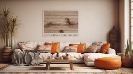 a mockup in warm living room with boho decoration.
