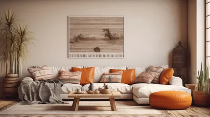 Fotobehang a mockup in warm living room with boho decoration. © Vusal