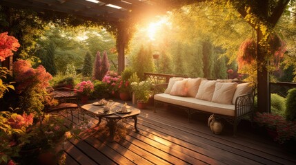 Amazing outdoor space, with wood deck at sunset. Generative AI