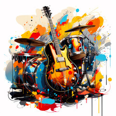 A pop painting of a guitar and drums on a white background. Imaginary illustration.
