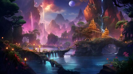 Beautiful fantasy landscape with pagoda and lake. Digital painting.