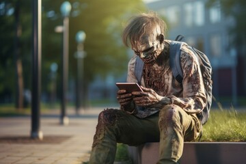 Zombie, Addicted to Smartphone Gaming, Plays a Mobile Game in Front of a School, Highlighting Digital Addiction, Excessive Screen Time, and the Risks of Smartphone Dependency