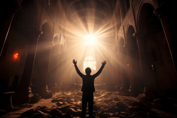 A man inside an ancient cathedral with his hands raised up toward the light trusting in God Generative AI Illustration - obrazy, fototapety, plakaty