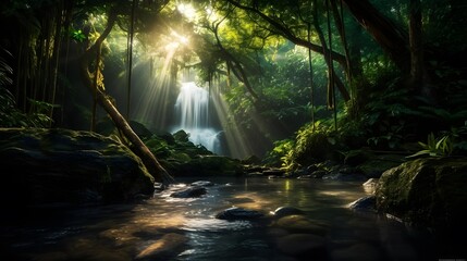 Panoramic view of a beautiful waterfall in a green forest. - obrazy, fototapety, plakaty