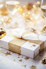 Merry Christmas and Happy New Year greeting card with Christmas gift box.