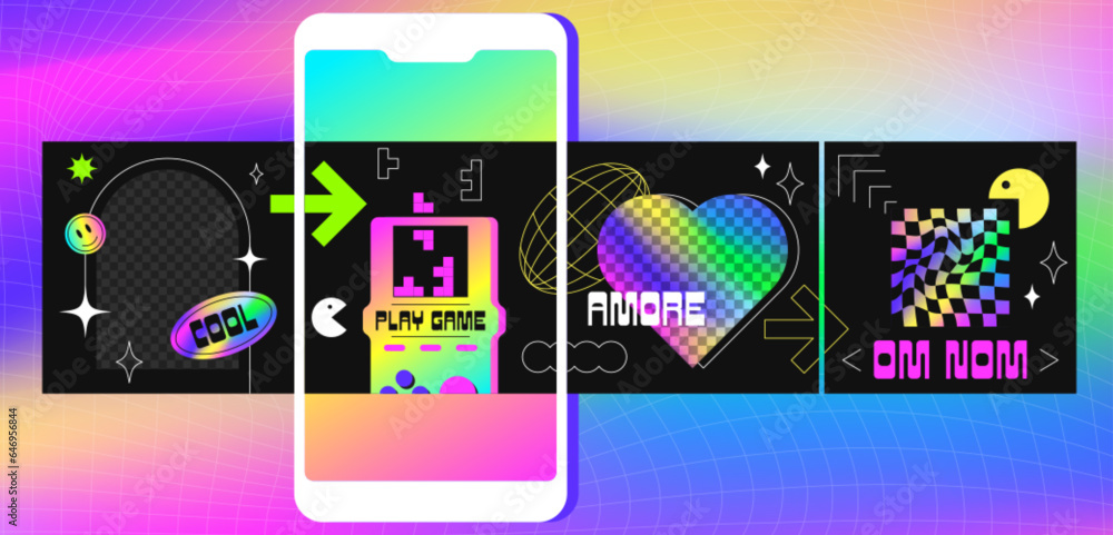 Poster trendy ig carousel design template with geometric shapes, acid labels in y2k style. social media sto