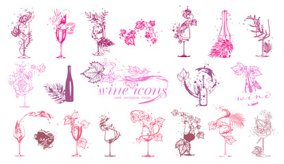 Wine icons for wine events. Hand drawn elements for invitation cards, advertising banner and menu cards. Splashing wine. Sketch vector illustration. 