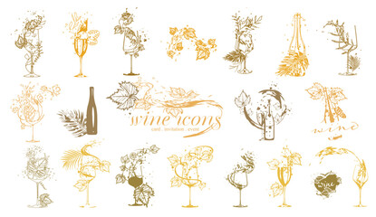Collection of wine elements - Wine designs. Sketch vector illustration. Hand drawn elements for invitation cards, advertising banner and menu cards. Colorful wine glasses with splashing wine.