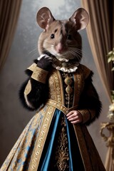 Obraz premium Front view of mouse wearing suit and standing in proud pose. Dapper, elegant anthropomorphic animal portrait with human body. Cartoon 3d style animation character, anime style