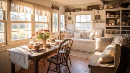 Interior design inspiration of Farmhouse Cottage style home dining room loveliness decorated with Shiplap and Burlap material and Window seat .Generative AI home interior design .