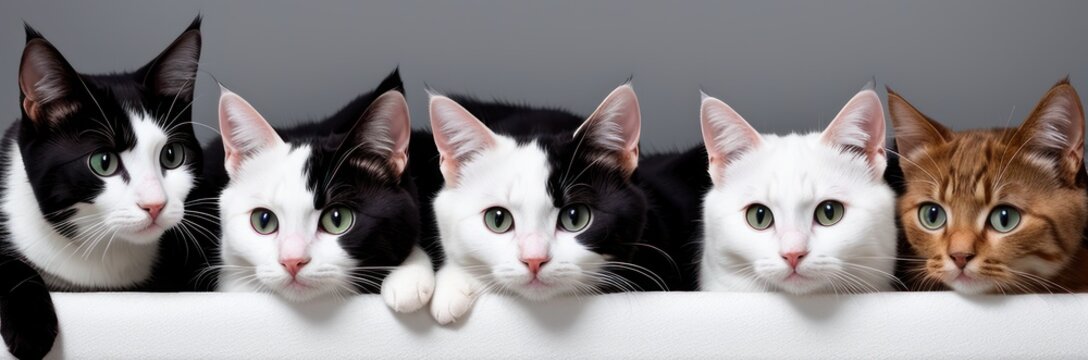 Group of Different kitties heads peeks out from behind a grey white wall. Row of Funny cat peeks out. Image for veterinary clinics, sites about pets. Copy space. Banner