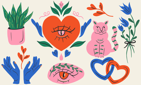 Set of bright stickers. sacred heart, cat, plant, flowers, hands, eyes. Design and print t-shirts, bags, posters, invitations, cards, etc. Hand drawn vector illustration.