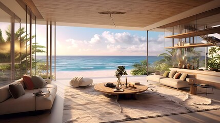 Luxury living room with sea view. Panoramic image - obrazy, fototapety, plakaty