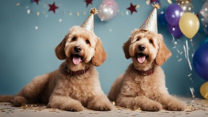Happy cute labradoodle dog wearing a party hat celebrating at a birthday party, surrounding by falling confetti