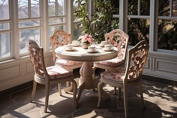 classic tea served on a round table on the corner of the room with natural light