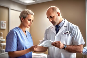 Obraz premium Hematologist conducts the patient reception in the hospital. baby tall handsome male with bald hairs take consult from medical specialist. Healthcare and wellness concept.